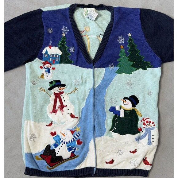 Quacker Factory Cardigan Sweater Snowman Christmas Tree Holiday Winter Theme Lg - Picture 9 of 16